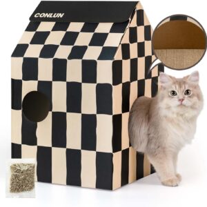 Conlun Cardboard Cat House with Cat Scratcher Pad&Catnip,Easy-to-Assemble Cat Scratch Cardboard House for Various Home Decor,Cat Scratching Board Toy for Indoor Cats&Small Animals Birthdayday