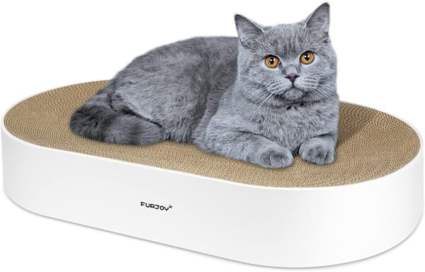 Furjoy Cat Scratcher, 63x 35 x 10cm Oval Corrugated Cardboard Scratch Pad, Round Cat Scratching Lounge Bed Sofa, Cat Scratcher Bowl with Organic Catnip [ Home Clean Design with Scratcher Box]