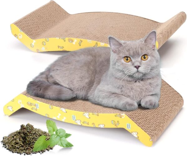 Nobleza 2Pcs Cat Scratching Board, Reversible Use Curved Shape Cat Scratcher with Catnip, High Density Corrugated Scratcher Cardboard, Durable Scratchers Pad Bed Sofa Lounger Set, Size 44 * 22 * 8 cm