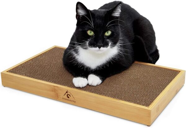 Pfotenolymp® Scratching Board with Bamboo Frame/Scratching Mat for Cats - Cardboard Scratching Board/Cat Scratching Board - With Corrugated Cardboard & Catnip - Cardboard Scratcher