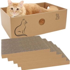 MUAEEOK Cardboard Cat Scratcher with Box, 5 PCS Reversible Cat Scratch Pad Replace for Cat Scratcher, Corrugated Scratching Lounge for Indoor Kitty to Rest Play Suitable for Up To 5kg (42x30x14.5 CM)