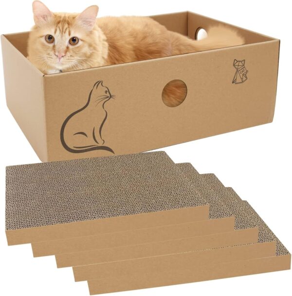 MUAEEOK Cardboard Cat Scratcher with Box, 5 PCS Reversible Cat Scratch Pad Replace for Cat Scratcher, Corrugated Scratching Lounge for Indoor Kitty to Rest Play Suitable for Up To 5kg (42x30x14.5 CM)