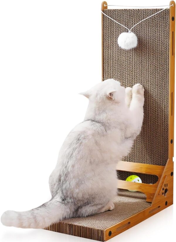 Hibtn Cat Scratching Board,60CM L Shape Cat Scratch Pad Wall Mounted,Corrugated Cardboard Cat Scratcher,Build-in Ball,Cardboard Cat Scratching Protector Furniture,Cat Bed