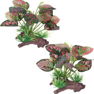 BEGONDIS 2Pcs Reptile Artificial Plants, Terrarium Plants Decorations Supplies, Aquarium Fish Tank Plant, Amphibian Habitat Hideout Tank (Red)