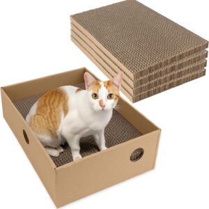 Belle Vous 5 Pieces of Cardboard Cat Scratcher Pads with Bed Box - 24 x 33cm/9.5 x 13 Inches Reversible Cat Scratch Replacement Pads - Corrugated Indoor Lounger for Cat/Kitten to Rest or Play