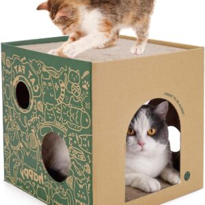 Cardboard Cat House with 2 Story Scratch Pads Cat Play House for Indoor Cats Corrugated Scratcher Box Cat Scratching Toy for Cat Birthday, Hideout for Bunny Small Animals.