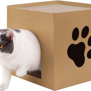 Cat Cardboard Scratcher, Cat Cardboard House with Scratch Pads Cat Box Cat Bed for Indoor, Hideout for Cat Rabbit Bunny Small Animals (30x30x30cm)