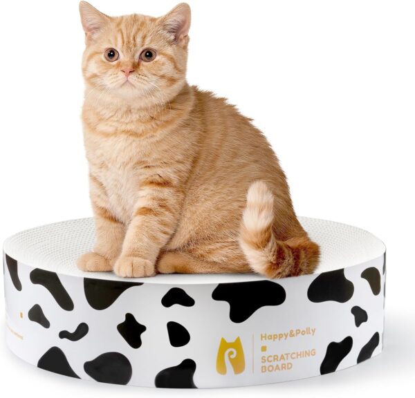 Cat Scratcher Cardboard Bed - Happy&Polly Round Cat Scratching Pad for Indoor Cats Double-Sided Usable Corrugated Cat Beds Furniture Protector Cat Scratch Deterrent - White