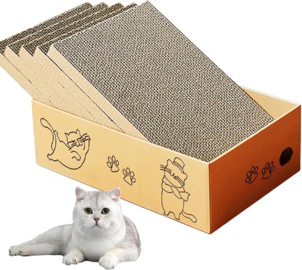 Cat Scratching Board with Box, 5 Layers Design Cat Scratching Pad, Reversible Cat Scratcher Cardboard Lounge Bed, Corrugated Cardboard Cat Scratcher for Indoor Kitty