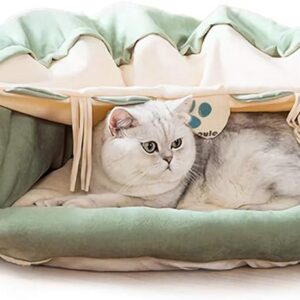 Cat Tunnel Bed with Cushion Mat, Cat Tunnel Toy Play Center with Collapsible Tube and Removable Thick Bed and 2 Hanging Scratching Balls, Peak Hole Hideout House for Cat Puppy Kitten (Green)