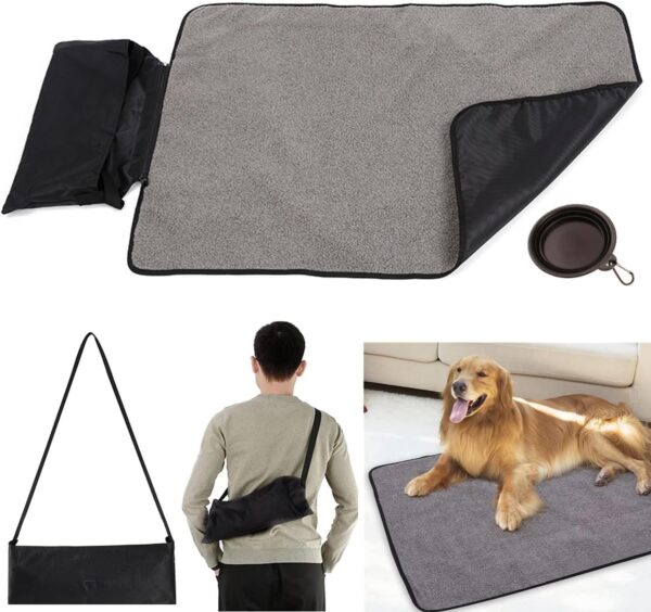 Dog Mat Portable Pet Throw Blanket Dog Travel Mat Reversible Floor Mat for Pet, with Storage Bag Silicone Folding Bowl, Large Washable Dog Bed Cushion Pet Mattress 100x70 for Dog Puppy Cat(Black)