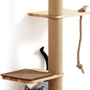 FUKUMARU Cat Scratching Activity Tree Wall Mounted, 127 cm Jute Scratch Post for Large Cats, Kittens with Platform, Rubber Wood, Large