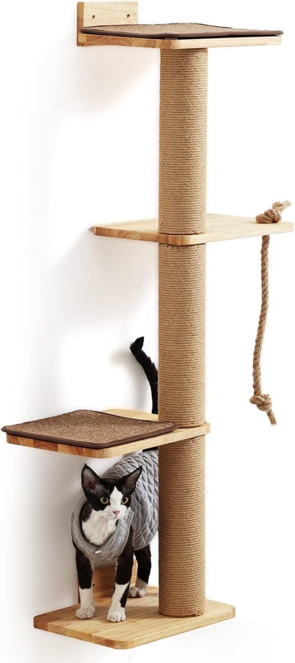 FUKUMARU Cat Scratching Activity Tree Wall Mounted, 127 cm Jute Scratch Post for Large Cats, Kittens with Platform, Rubber Wood, Large