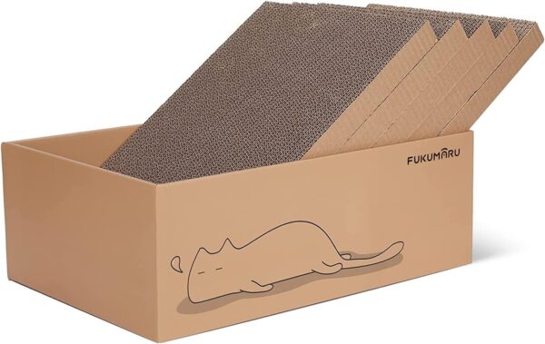 FUKUMARU Cat Scratching Board with Box, 43.4x29cm 5 PCS Reversible Cat Scratch Pad, Corrugated Scratch Bed for Indoor Kitty, 5 in 1 Replacement Cardboard Refill Pad