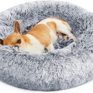 Feandrea Dog Bed, Donut Cat Bed, Fluffy Calming Pet Bed with Removable, Washable Cover, Soft Long Plush, 50 cm, Grey