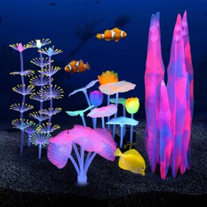 Filhome Glowing Fish Tank Decorations Plants, 4 pcs Glow Aquarium Coral Ornament Decorations Glowing Mushroom Coral Plant Lotus Kelp and Anemone