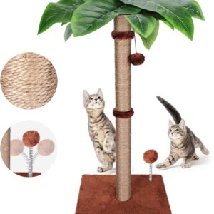HEVOL Cat Scratching Post, 85cm Tall Cat Tree with Simulated Leaf and 1 Hanging Ball, Cat Paw Scratch Tower with Spring Ball, Natural Sisal Kitten Scratcher Posts for Indoor Cats