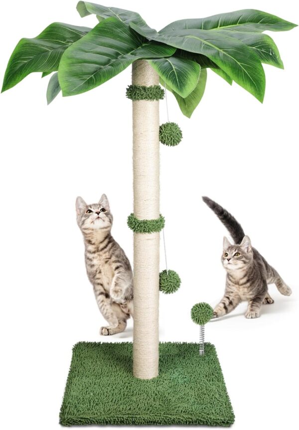 HEVOL Cat Scratching Post, 85cm Vertical Cat Scratcher with Sisal Rope,Cat Scratching Tree with 2 Hanging Ball and 1 Spring Ball, Natural Sisal Scratching Post for Cats and Kittens Indoor
