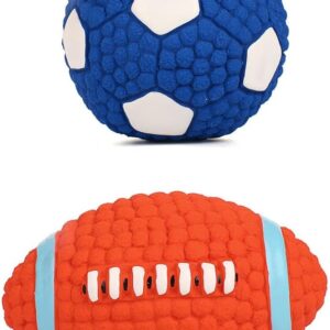JZK 2x Squeaky dog toy balls, dog chewy toys, soft latex training balls for puppy, football toy and rugby toy for small and medium dogs, toy balls set for pet