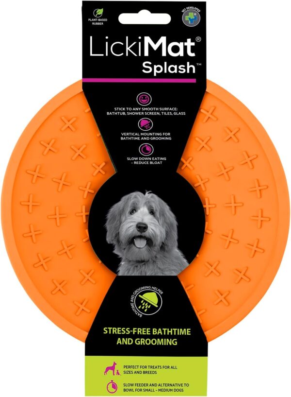 LickiMat Splash, Dog Slow Feeder Bowl for Boredom & Anxiety Reduction, Sticks to Smooth Surface; Perfect for Food, Treats, Yogurt, or Peanut Butter. Fun Alternative to a Slow Feed Dog Bowl, Orange