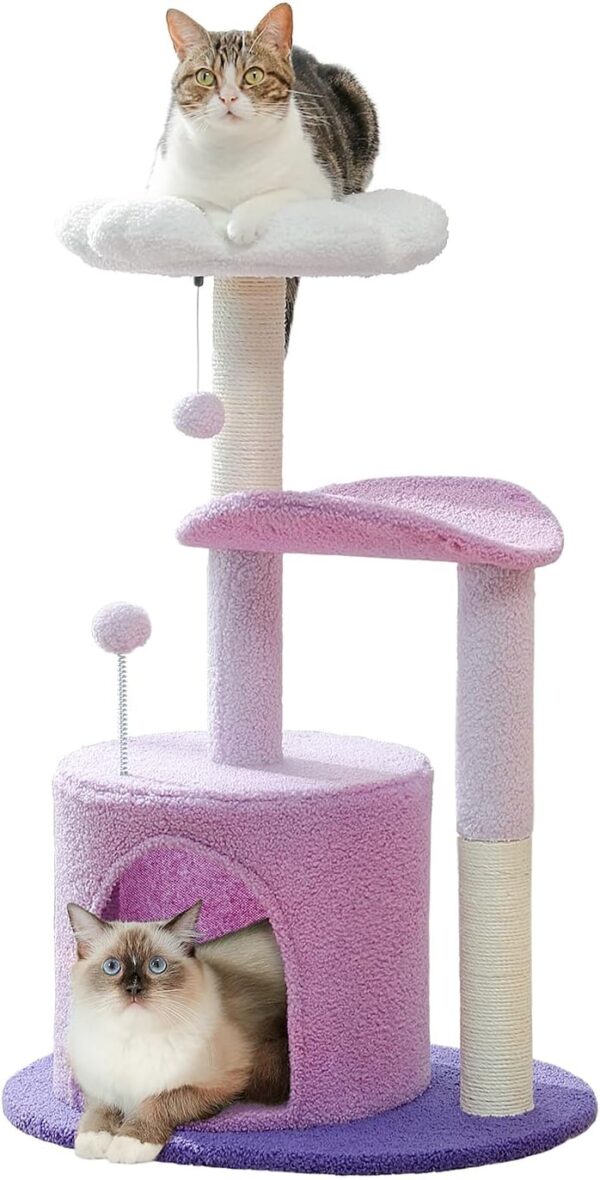 PETEPELA Small Cat Tree 84cm Modern Scratching Post for Small to Medium Size Cats Cat Tree with Plush Cave Bobble Ball Sisal Rope Scratching Post Purple