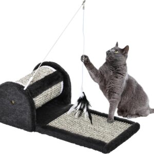 PawHut Cat Scratcher, Sisal Cat Scratching Board Mat Pad with Roller, Feather Toy, 44 x 24 x 16 cm, Grey