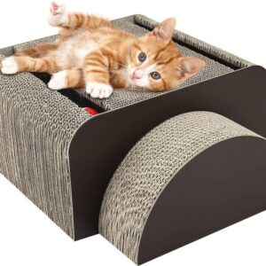 Pawaboo 2-in-1 Cat Scratcher Board, Multifunctional Rectangle Cat Scratching Corrugated Paper Scratch Pad Cardboard Cat Toy with Built-in Round Bell Ball for Cat Kitty Kitten, Brown