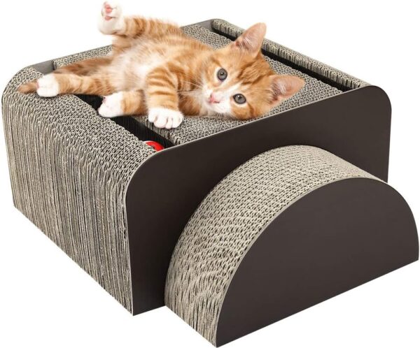 Pawaboo 2-in-1 Cat Scratcher Board, Multifunctional Rectangle Cat Scratching Corrugated Paper Scratch Pad Cardboard Cat Toy with Built-in Round Bell Ball for Cat Kitty Kitten, Brown