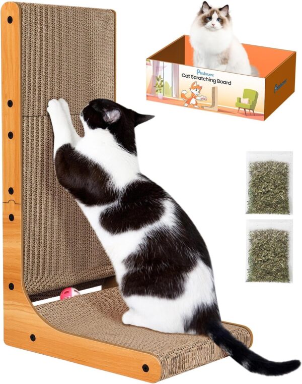 Petslucent Cat Scratcher, 26.8 Inch L Shape Cat Scratching board with Box, Cat Scratching Cardboard with Ball Toy for Indoor Cats, Large Size