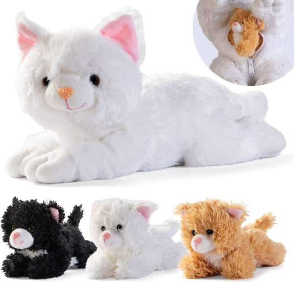 Prextex Cat Plush Toy with Zippered Pouch and 3 Little Plush Baby Kittens, Soft and Cuddly Kitty Toys for Kids, Perfect Cat Teddy for Girls, Fun and Interactive Toy Cat, Great Gift Set and Party Favor