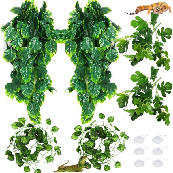 QUOZUO Reptile Hanging Plants Terrarium Fake Monstera Hanging Plants Vines Artificial Leaves Reptile Hide with Suction Cup, Leopard Gecko Tank Accessories for Bearded Dragon Lizard Snake