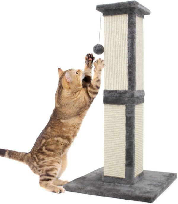 SONGWAY Tall Cat Scratching Post - Natural Sisal Cat Scratcher with Teasing Toy Ball and Covered with Soft Plush, Scratch Toy for Cat Kitten, Gray