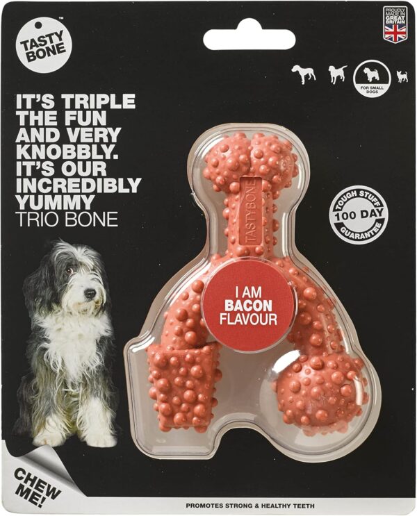 TastyBone TrioBone Nylon Dog Chew Toy for Small Dogs (Bacon) - Indestructible for Aggressive Chewers, Everlasting Flavour, Strong Healthy Teeth, Made in the UK