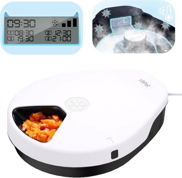 UBPET Automatic Cat Feeder Wet Food with Cooling, Semiconductor Refrigeration, with Timer, 5 Food Compartments for 330g Pet Food Each, Premium Meal Plates, Washable, for Cats + Small Dogs