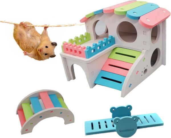 WSNDM 3 Pieces Hamster Play Toys, Rainbow House, Colorful Arch Bridge, Seesaw, Boredom Breaker Small Animal Activity Toy, Cage Accessories For Small Pet Toys, Hamster Rat Hedgehog Squirrel