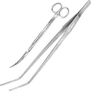 VORESTIC Curved Aquarium Tweezers and Scissors Set, 38cm Extra Long Aquarium Tweezers, 25 cm Long Aquarium Scissors, Reptile Feeding Tongs, Terrarium Scissors for Trimming Plants