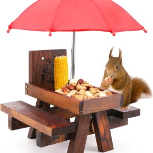 icyant Squirrel Feeder for Outside Funny, Wooden Squirrel Feeder Picnic Tabler with Umbrella and Corn Rack, Cute Chipmunk Feeder - Includes Mount Screws