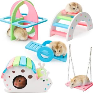 5 Pcs Hamster Toys Set Rainbow, DIY Hamster Hideout House Rainbow Bridge Swing and Seesaw, Pet Sport Exercise Toys Set Hamster Cage Accessories for Gerbil Mouse and Small Pets (S)