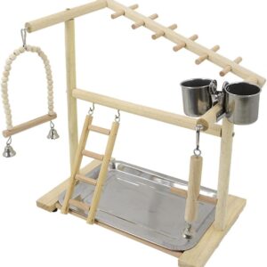 Bird Perch Parrots Stand Cockatiel Playstand Toy With Wood Ladder Swing Chew Toy Feeding Cups Playing And Training Bird Natural Wood Perch Stand With Bowls Large For Parakeets Cockatiel