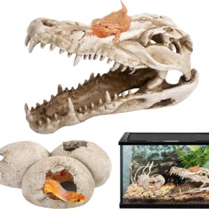 VIHOGFINT Bearded Dragon Tank Accessories, 10'' Dinosaur Skull & Dino Eggs Hideout Cave Decor, Reptile Habitat Hide for Lizards, Snakes, Geckos, and More, Fish Tank Decorations