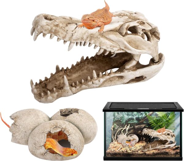 VIHOGFINT Bearded Dragon Tank Accessories, 10'' Dinosaur Skull & Dino Eggs Hideout Cave Decor, Reptile Habitat Hide for Lizards, Snakes, Geckos, and More, Fish Tank Decorations